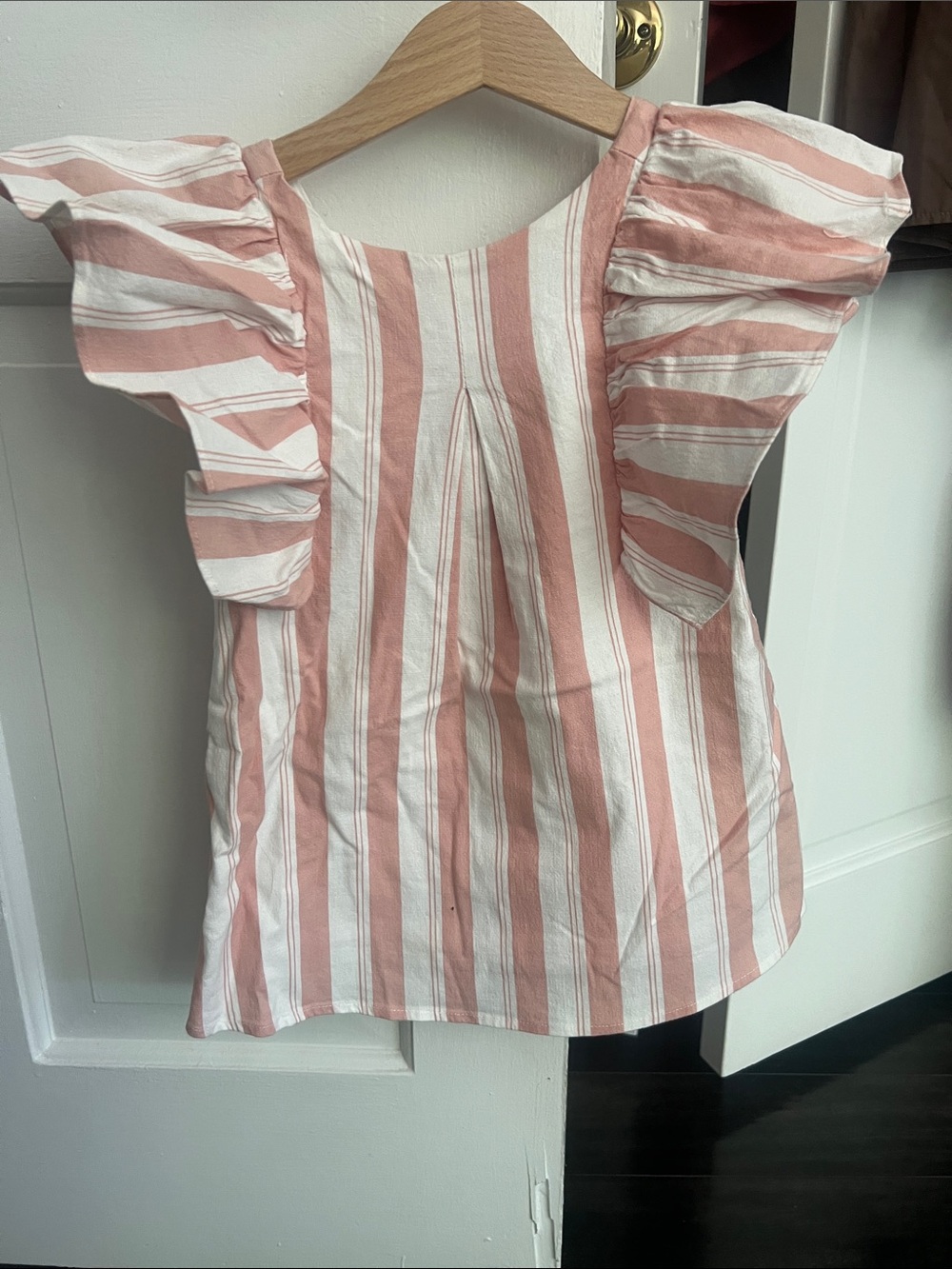 Girls' Pink and White Striped Ruffle Sleeve Dress
